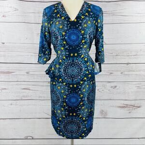 Don Caster 100% silk navy gem print ruffle waist